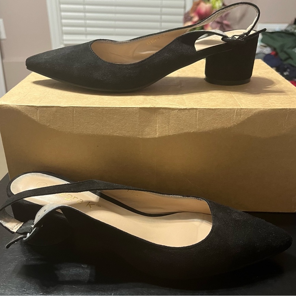 Black suede sling back pumps. Size 9.5.